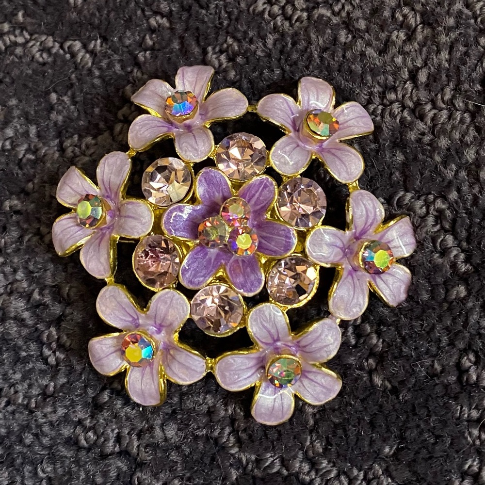 New purple floral hair brooch clip w iridescent crystals